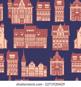 Medieaval Old city seamless pattern, flat style. Autumn landscape city architecture
