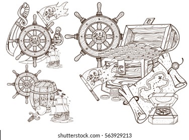 Medieval adventure. Treasures of the and sea attributes. Set of black and white illustrations for coloring outline of pirated items.