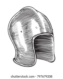 Medieval age barbute helmet. line art vector illustration