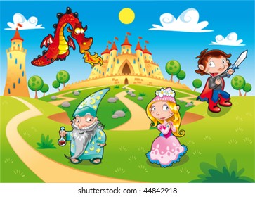 Medieval Age - Princess, Prince, Dragon, Magician. Funny cartoon illustration with background, isolated objects