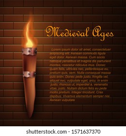 Medieval ages wooden torch with realistic fire hanging on brick wall - dark banner with text template lit by single wood stick with warm flame, vector illustration