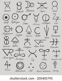 Medieval alchemical signs in hand drawn style
