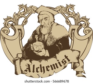 Medieval alchemist. Engraved style