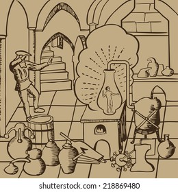 Medieval alchemists conducting experiments of life creation artificially in the laboratory with container, bottles, potions and other accessories vector illustration 