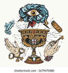 Medieval. Alchemy art. Sacred holy grail, occult hands and all seeing eye. Middle age art. Traditional tattooing style 