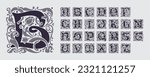 Medieval alphabet, font in floral ornament and diagonal hatching. Vintage antique gothic style drop caps. Luxury vector initials. Victorian engraved icons for royal monogram, classic invitation.