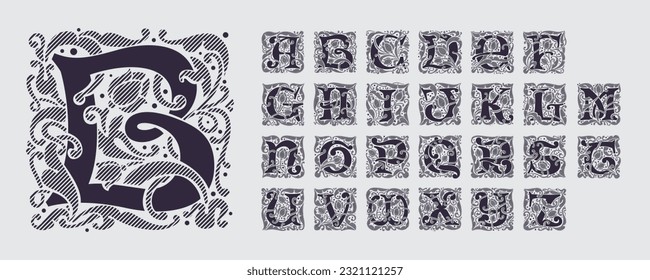 Medieval alphabet, font in floral ornament and diagonal hatching. Vintage antique gothic style drop caps. Luxury vector initials. Victorian engraved icons for royal monogram, classic invitation.