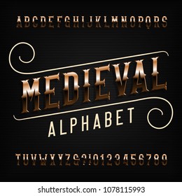 Medieval Alphabet Font. Golden Vintage Ornate Letters. Vector Fancy Typography For Your Design.