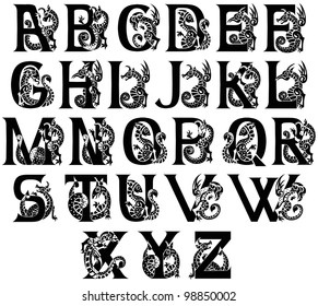 medieval alphabet with gargoyles and chimeras