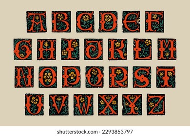 Medieval alphabet. Grunge gothic initials. 16th century engraved drop caps. Blackletter style vintage font. Middle Ages capital letters with floral ornament. Vector square illuminated calligraphy.