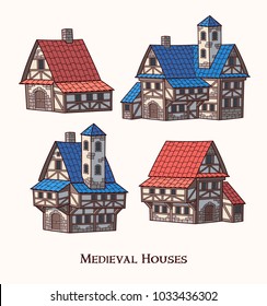 Medieval ancient buildings set of different kinds of traditional houses isolated vector illustration.