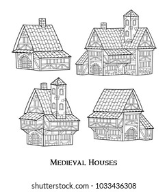 Medieval ancient buildings set of different kinds of traditional houses isolated vector illustration.