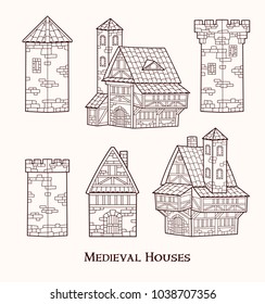 Medieval ancient buildings set of different kinds of traditional houses isolated vector illustration
