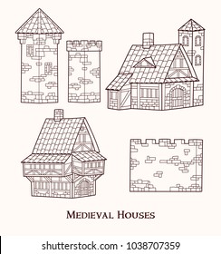 Medieval ancient buildings set of different kinds of traditional houses isolated vector illustration
