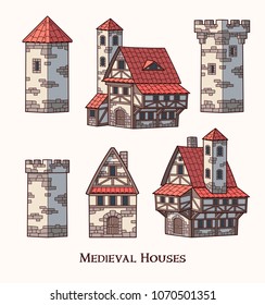 Medieval ancient buildings set of different kinds of traditional houses isolated vector illustration

