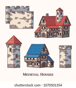 Medieval ancient buildings set of different kinds of traditional houses isolated vector illustration
