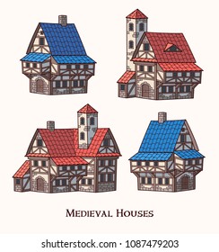Medieval ancient buildings set of different kinds of traditional houses isolated vector illustration
