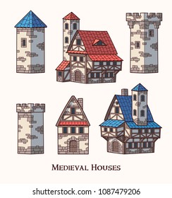 Medieval ancient buildings set of different kinds of traditional houses isolated vector illustration
