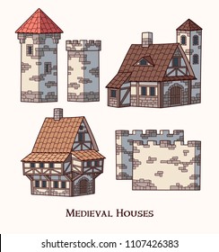 Medieval ancient buildings set of different kinds of traditional houses isolated vector illustration
