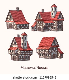Medieval ancient buildings set of different kinds of traditional houses isolated vector illustration
