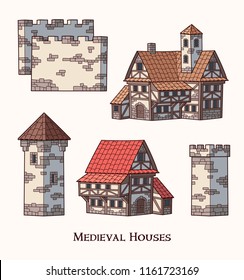 Medieval ancient buildings set of different kinds of traditional houses isolated vector illustration
