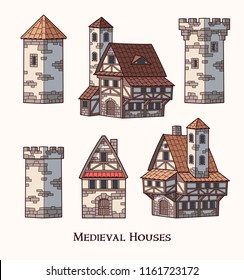 Medieval ancient buildings set of different kinds of traditional houses isolated vector illustration
