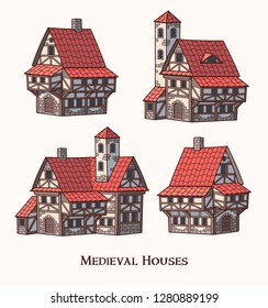 Edifícios antigos medievais conjunto de diferentes tipos de casas tradicionais ilustração vetorial isolada