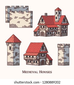 Medieval ancient buildings set of different kinds of traditional houses isolated vector illustration