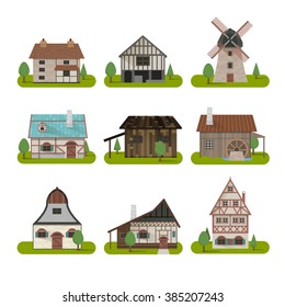 Medieval ancient buildings set of different kinds of traditional houses isolated vector illustration