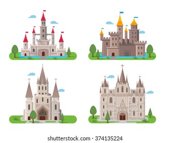 Medieval ancient castle buildings flat icons set isolated vector illustration