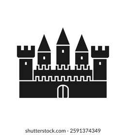 Medieval ancient castle silhouette icon isolated on white background. Fortress. Medieval architecture. Knight castle with walls and towers