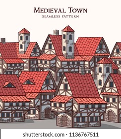 
Medieval ancient city. Seamless border pattern.
