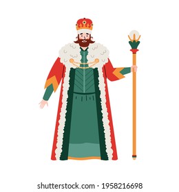 Medieval ancient european king male cartoon character in mantle and gold crown standing full length, flat vector illustration isolated on white background.