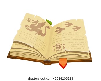 Medieval ancient spellbook or magic book game icon with dragons, vector ancient manuscript. Cartoon magic spell book of wizard mystery or witchcraft with dragon monsters for fantasy adventure game