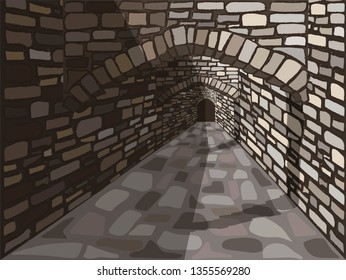 Medieval ancient street with a stone arch and door. vector illustration