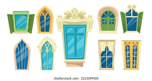 Medieval or ancient windows frames vector illustrations set. Collection of designs of old Chinese, Arabic or European windows for castles or temples isolated on white background. Architecture concept