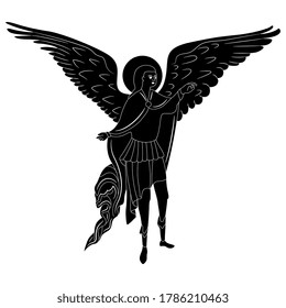 Medieval angel. Black and white silhouette.