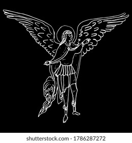 Medieval angel. Hand drawn linear doodle sketch. White silhouette on black background.
