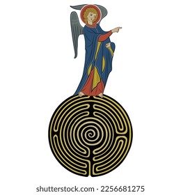 Medieval angel with pointing gesture standing on a round spiral maze or labyrinth symbol. Creative religious concept. Isolated vector illustration.