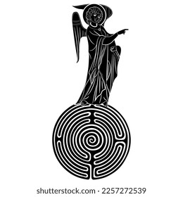 Medieval angel with pointing gesture standing on a round spiral maze or labyrinth symbol. Creative religious concept. Black and white silhouette.