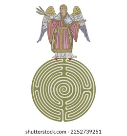 Medieval angel standing on a round spiral maze or labyrinth symbol. Creative religious concept. Isolated vector illustration.