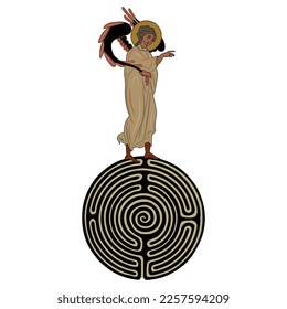 Mittelalterlicher Engel, der auf einem runden WendelwaschLabyrinth oder Labyrinth mit Zeigegegesten steht. Kreatives mythologisches Konzept. Einzige Vektorgrafik.