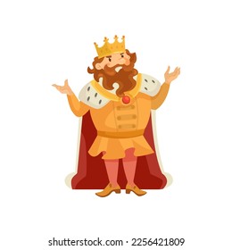 Medieval angry king cartoon character standing flat illustration. Funny angry fat man in royal costume standing on white background. Royalty, nobility, fantasy, history concept