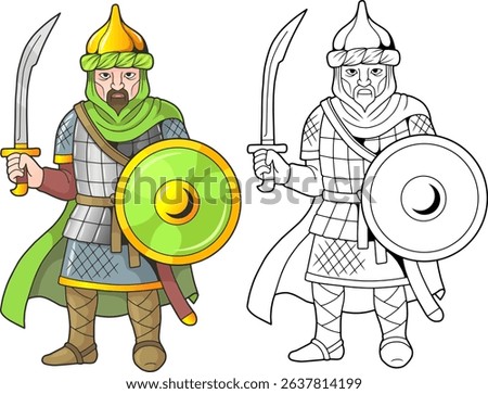 Medieval arab saracen warrior, coloring book