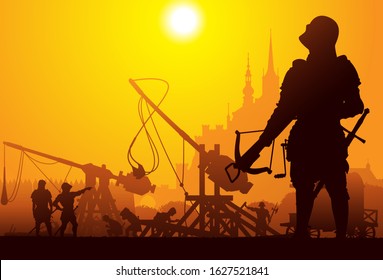 Medieval arbalester with the trebuchet and castle on background