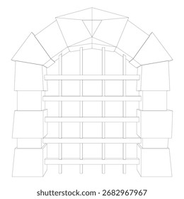 A medieval arbor building with a distinctive black wireframe outline, featuring a detailed door and protective grille.