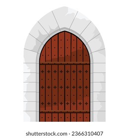 Medieval arch wooden closed castle gate door isolated on white background. Vector illustration