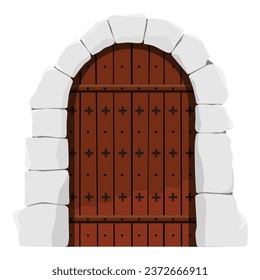 Medieval arch wooden closed castle gate door isolated on white background. Vector illustration