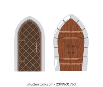 Medieval Arched Doors, Weathered And Imposing, Adorned With Intricate Ironwork And Knobs. Mystical Doorways