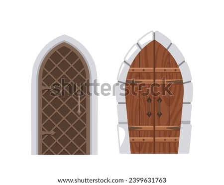 Medieval Arched Doors, Weathered And Imposing, Adorned With Intricate Ironwork And Knobs. Mystical Doorways